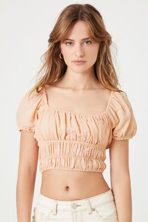 BLUSH Shirred Puff-Sleeve Crop Top, image 1