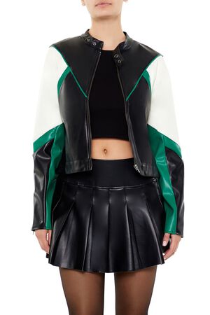 BLACK/BLUE Colorblock Cropped Moto Jacket, image 1