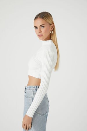 WHITE Sweater-Knit Mock Neck Crop Top, image 2