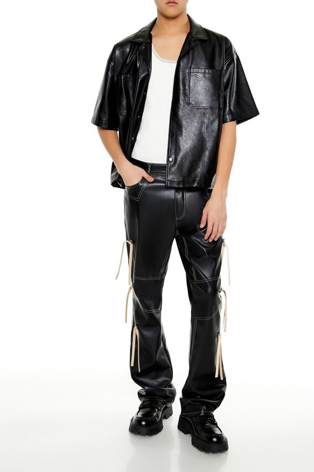 BLACK/CREAM Two-Tone Faux Leather Flare Pants, image 1