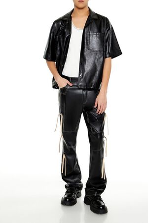 BLACK/CREAM Two-Tone Faux Leather Flare Pants, image 1