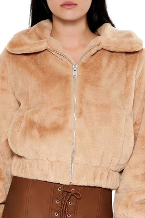 BROWN Plush Cropped Bomber Jacket, image 3