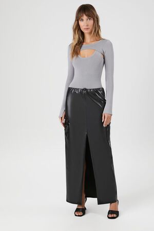 BLACK Faux Leather Toggle Drawstring Midi Skirt, image 1