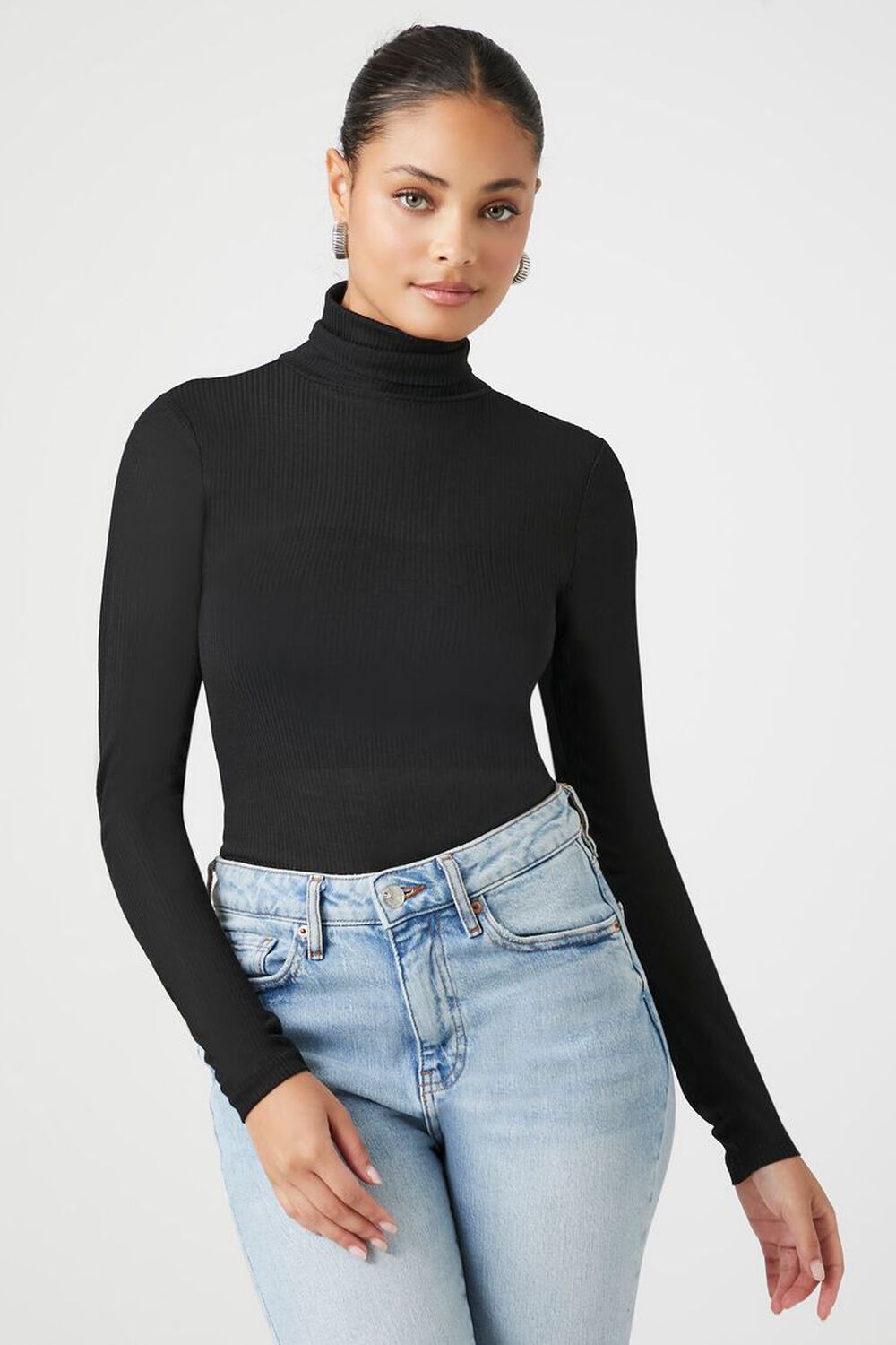 BLACK Sheer Ribbed Knit Turtleneck Top, image 1