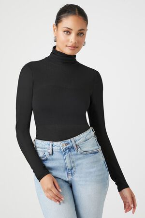 BLACK Sheer Ribbed Knit Turtleneck Top, image 1