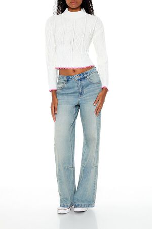 WHITE/PINK Scalloped Cable Knit Sweater, image 2