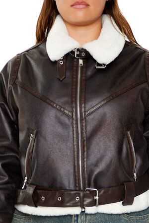 BROWN Plus Size Faux Leather Moto Jacket, image 3
