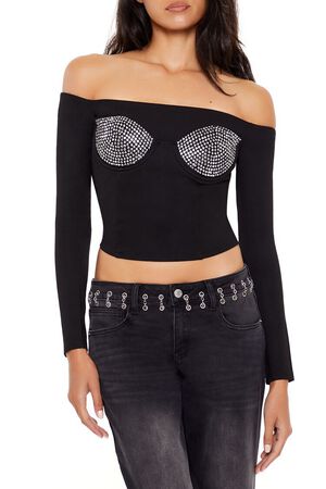 BLACK Rhinestone Off-the-Shoulder Top, image 1