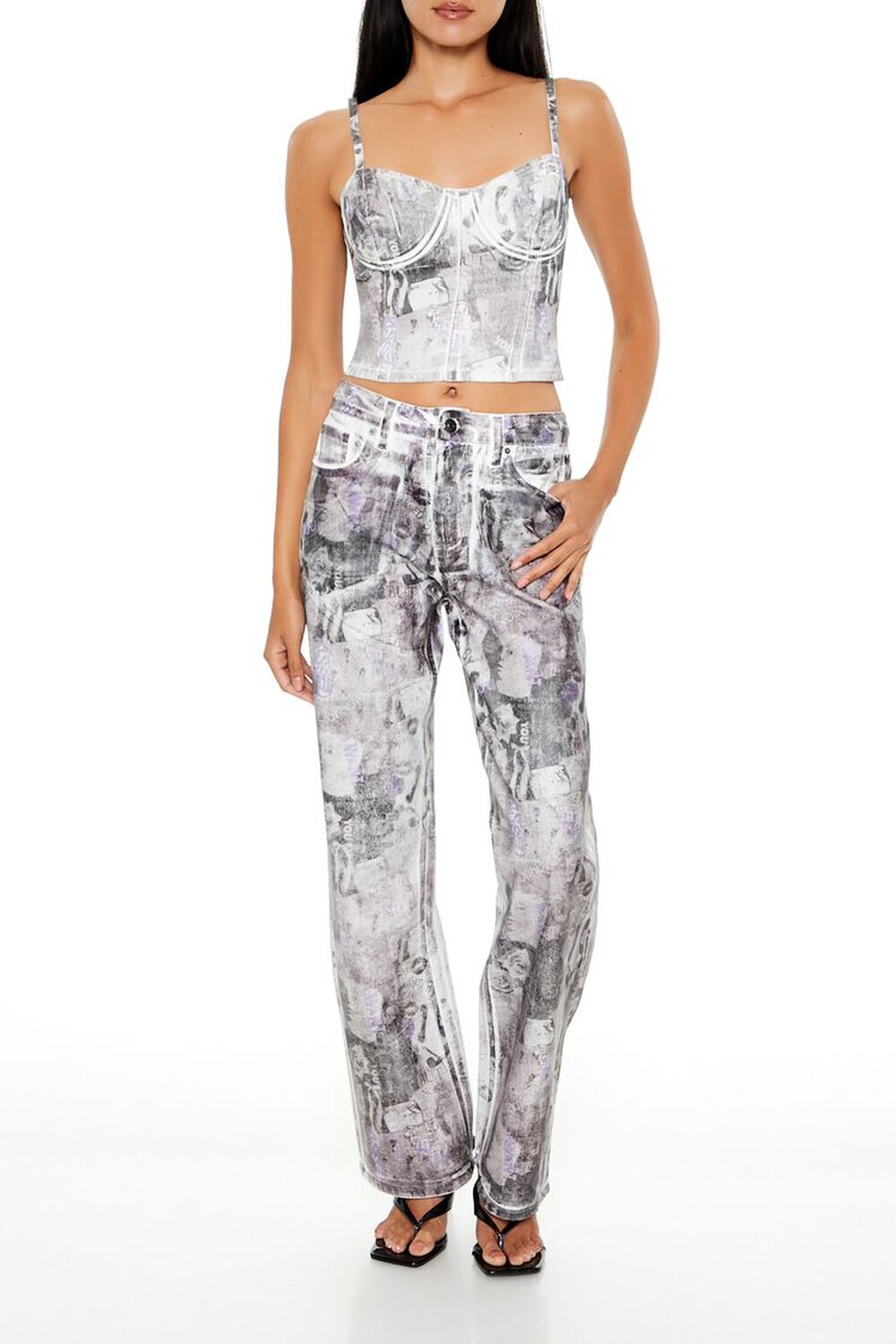 PURPLE/MULTI Abstract Print Denim Cropped Cami, image 2