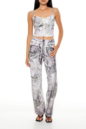 PURPLE/MULTI Abstract Print Denim Cropped Cami, image 2