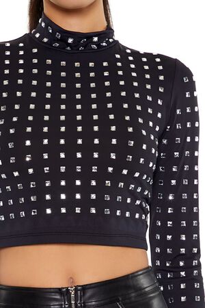 BLACK/SILVER Rhinestone Mock Neck Crop Top, image 3