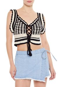 BLACK/CREAM Sweater-Knit Geo Crop Top, image 1