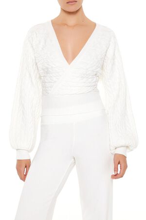 OLIVINE  Peasant-Sleeve Cable Knit Sweater, image 1