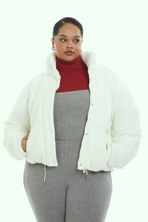 WHITE Plus Size Cable Knit Puffer Jacket, image 1