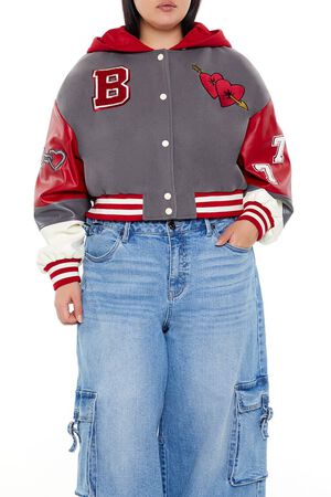 GREY/RED Plus Size Baby Girl Varsity Jacket, image 1