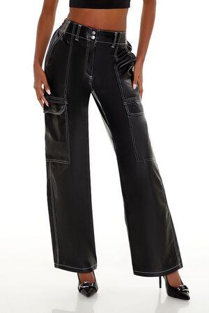 BLACK Faux Leather Cargo Pants, image 2
