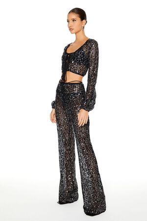 BLACK Sequin Crop Top & Pants Set, image 2