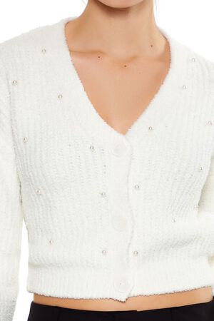 WHITE Faux Pearl Cardigan Sweater, image 3