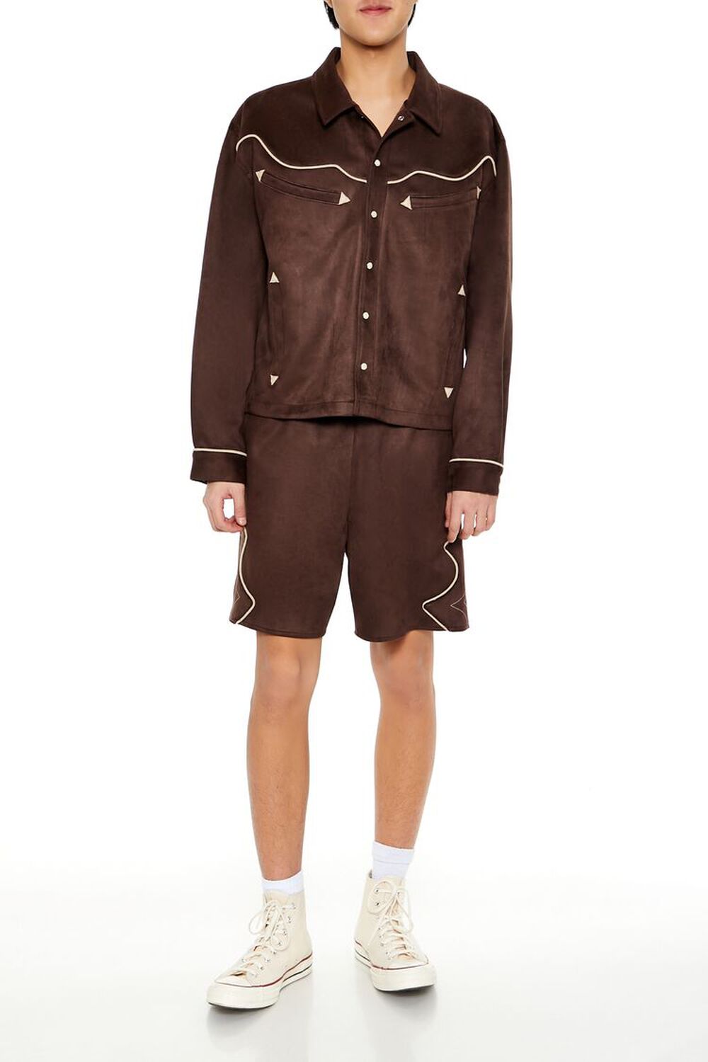 COCOA/TAUPE Geo Faux Suede Trucker Jacket, image 2