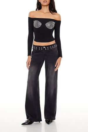 BLACK Rhinestone Off-the-Shoulder Top, image 2