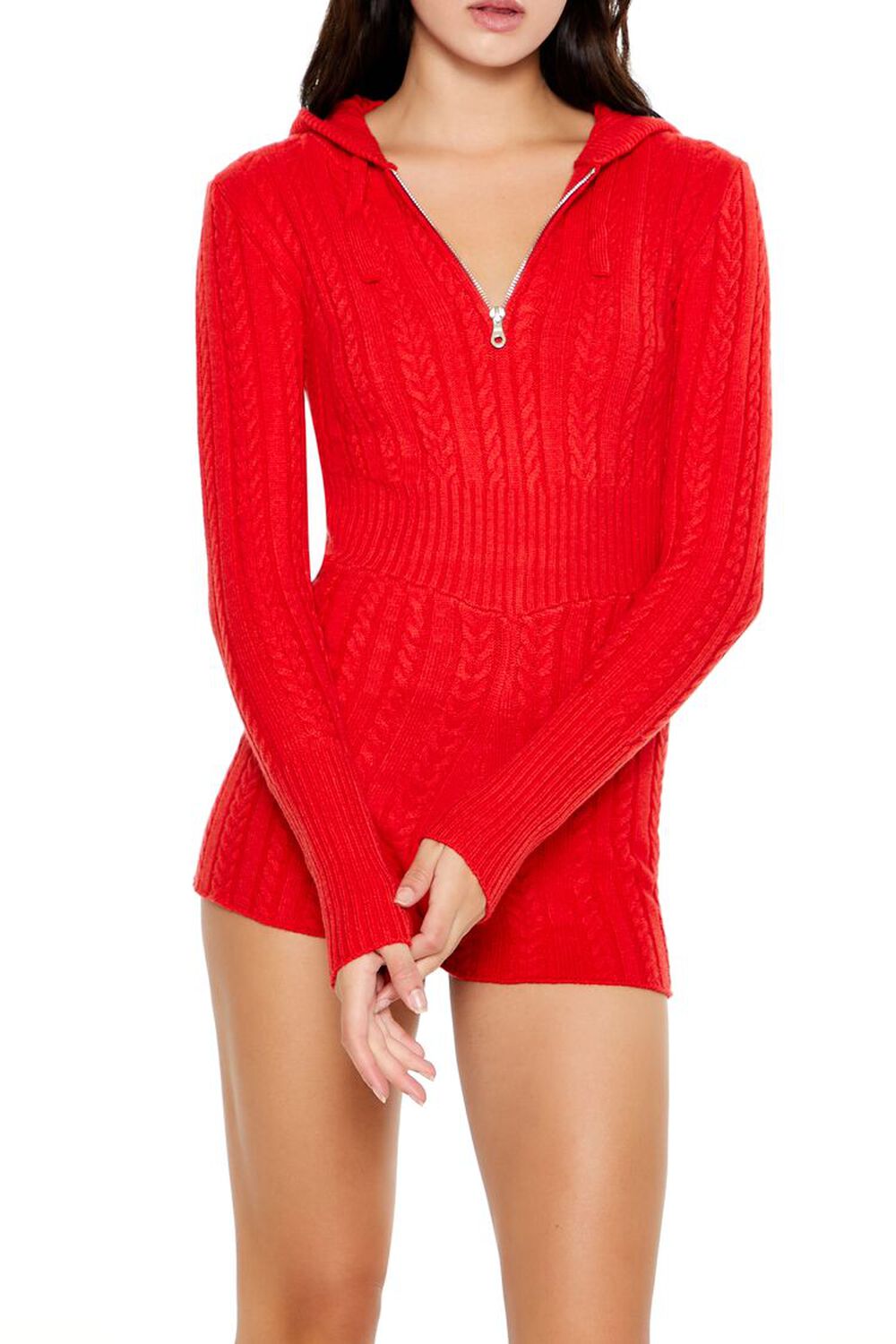RED Hooded Cable Knit Zip-Up Romper, image 2
