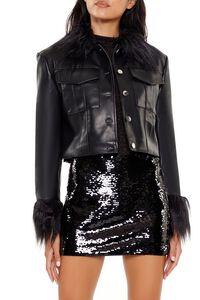BLACK/BLACK Faux Fur & Leather Trucker Jacket, image 6