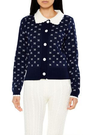 BLACK/MULTI Contrast-Collar Geometric Cardigan Sweater, image 1