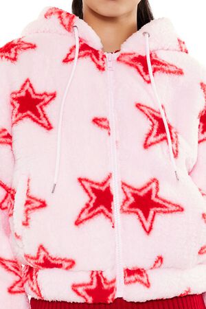 PINK/RED Faux Shearling Star Print Hoodie, image 3