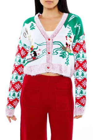 RED/MULTI Snowboarding Santa Cardigan Sweater, image 1