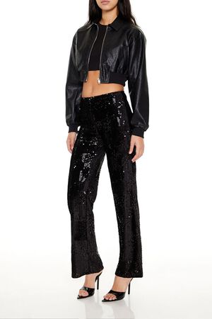 BLACK Sequin High-Rise Straight Pants, image 3
