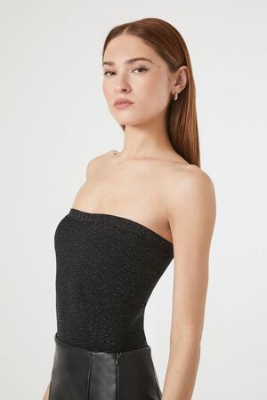 BLACK Glitter Knit Tube Bodysuit, image 2
