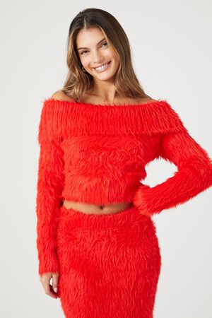 FIERY RED Faux Fur Off-the-Shoulder Top, image 1