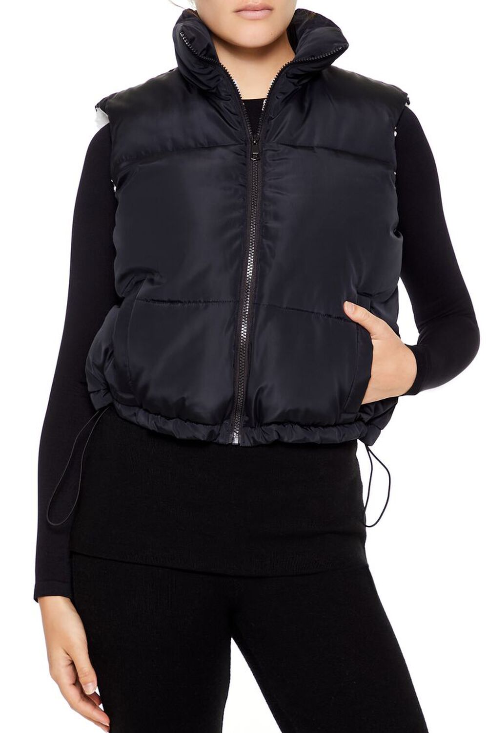 BLACK Toggle Drawstring Cropped Vest, image 1