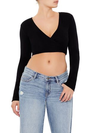 BLACK Surplice Crop Wrap Top, image 1