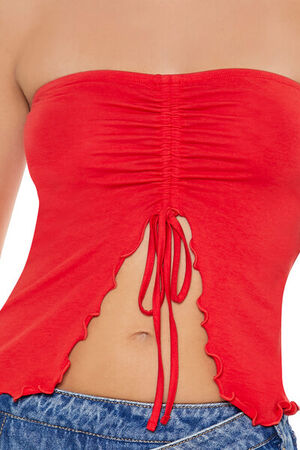 RED Lettuce-Edge Split-Hem Tube Top, image 3