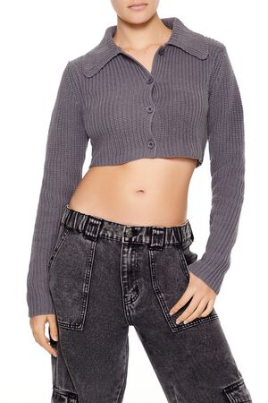 OLIVINE  Cropped Rib-Knit Cardigan Sweater, image 1