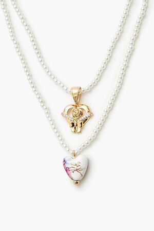 WHITE/PINK Faux Pearl Heart Necklace Set, image 2