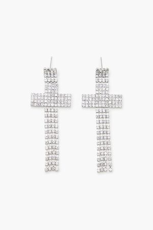 SILVER Rhinestone Cross Drop Earrings, image 1