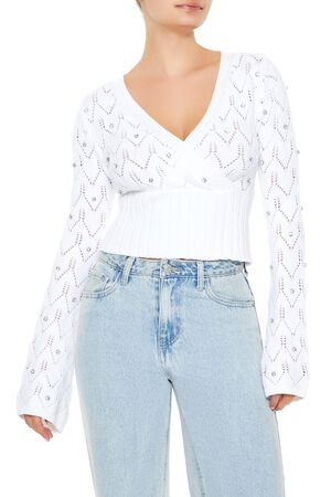 WHITE Rhinestone Cropped Sweater, image 1