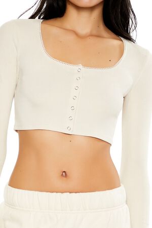 HEATHER GREY Square-Neck Cropped Henley Tee, image 3