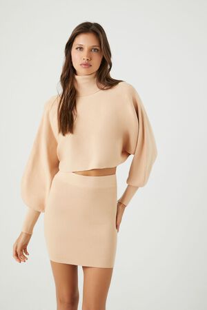 TAUPE Sweater-Knit Turtleneck Top & Skirt Set, image 1