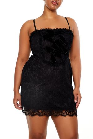 BLACK Plus Size Eyelash Lace Mini Dress, image 2