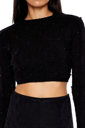 VERDANT GREEN Beaded Cropped Cable Knit Sweater, image 3