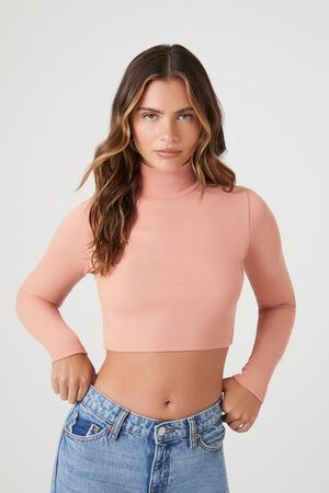 ALMOND Ribbed Knit Turtleneck Crop Top, image 1