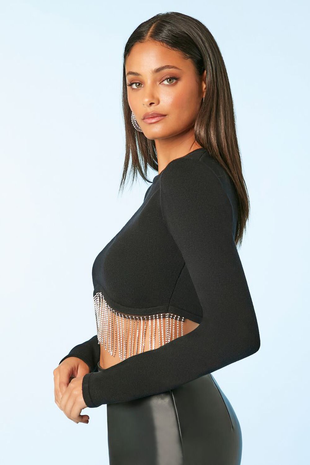 BLACK Rhinestone-Fringe Crop Top, image 2