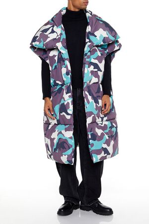 BLACK/MULTI Camo Print Longline Puffer Vest, image 2