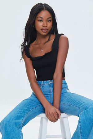 WHITE Smocked Ruffled Cropped Tank Top, image 1