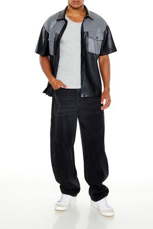 BLACK/GREY Faux Leather Colorblock Shirt, image 2