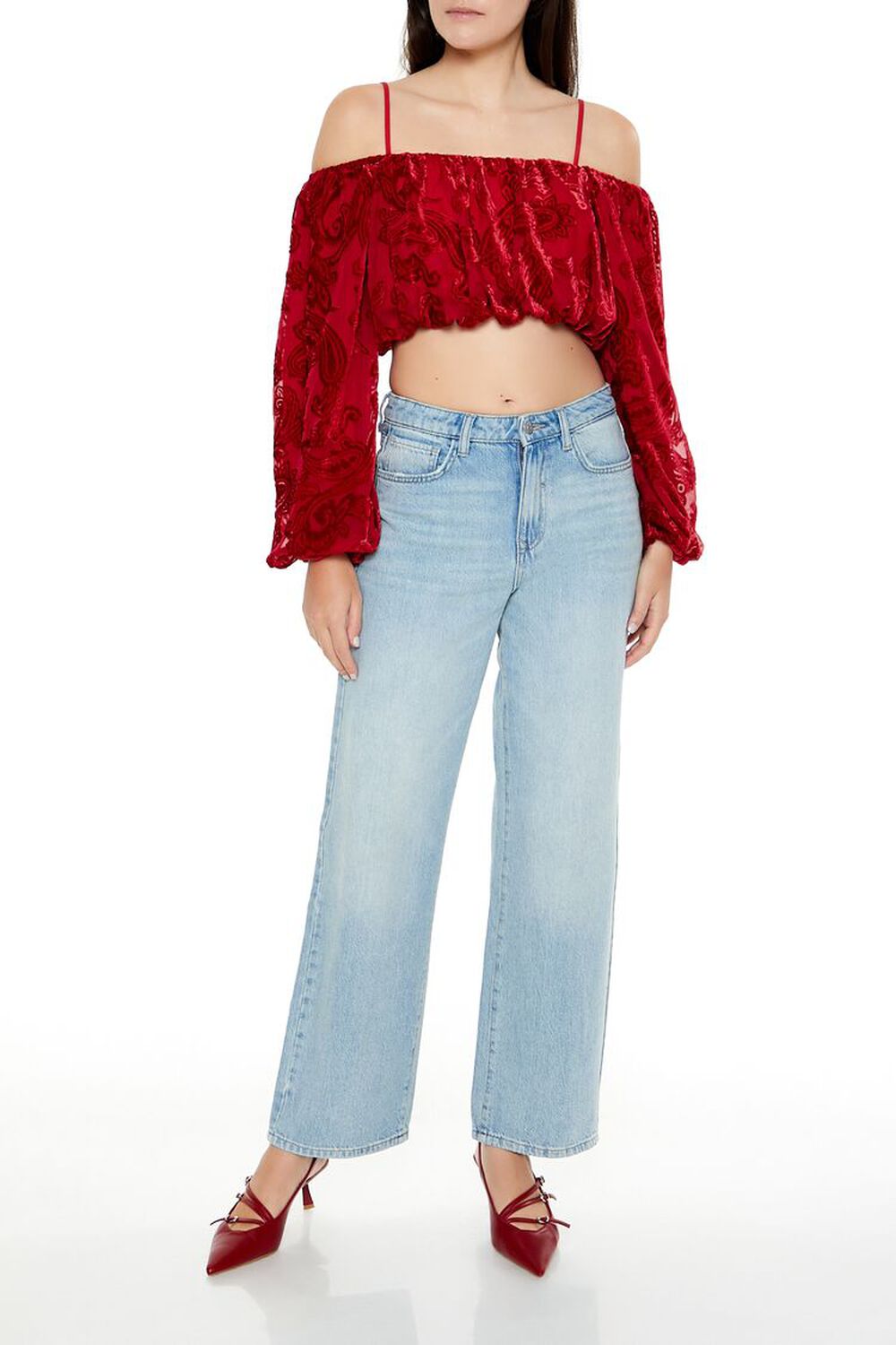 DARK RED Paisley Open-Shoulder Crop Top, image 2