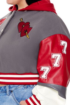 GREY/RED Plus Size Baby Girl Varsity Jacket, image 3